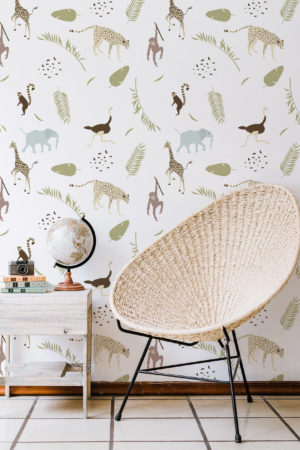 Wallpaper N03 children's paper pastel animals jungle minimalist children's bedroom