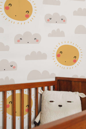 N05 children's wallpaper clouds and sun grey and yellow children's bedroom crib