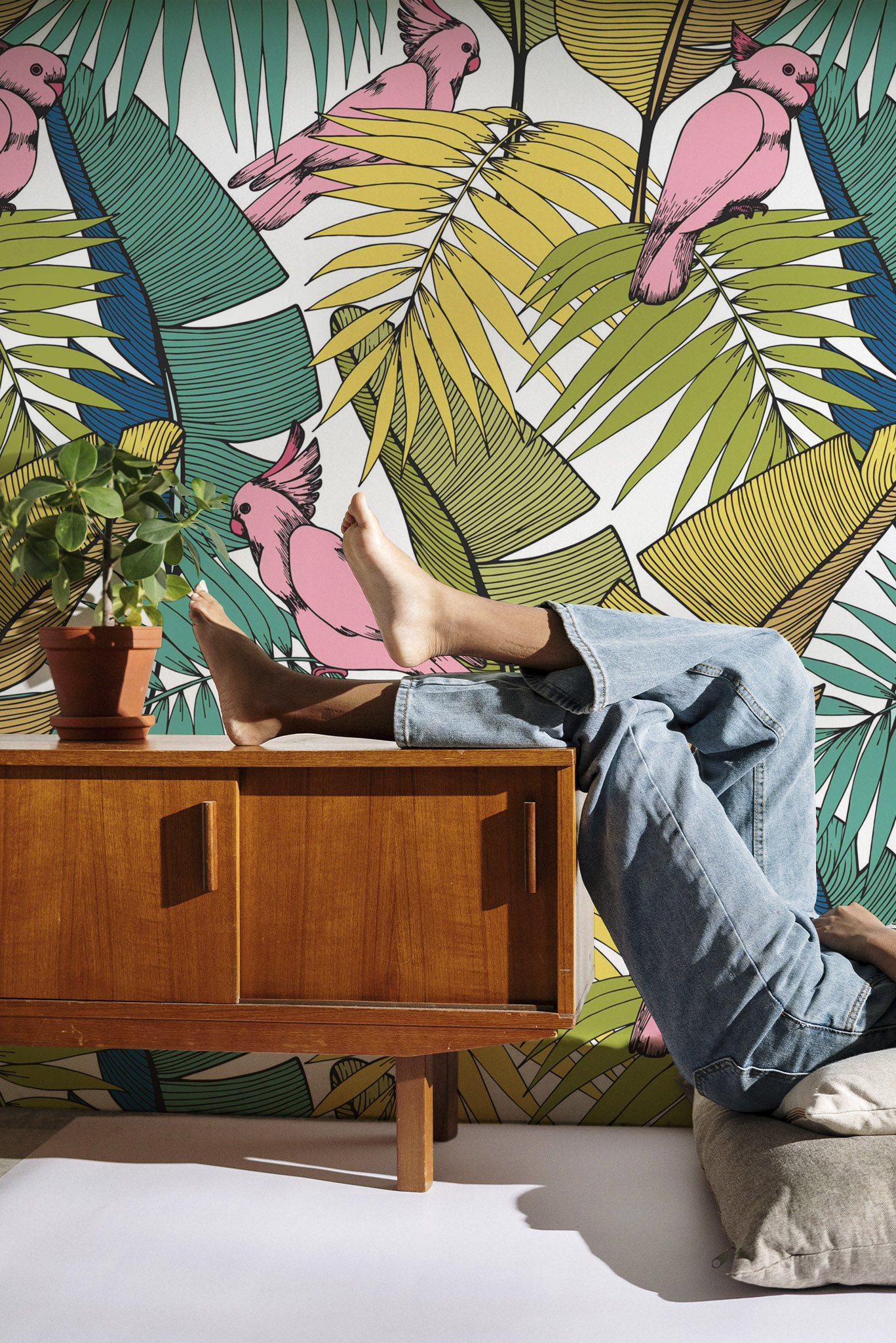 N12 Colorful Parrots Exotic Living Room Wallpaper N12 Colorful Parrots Exotic Living Room Wallpaper