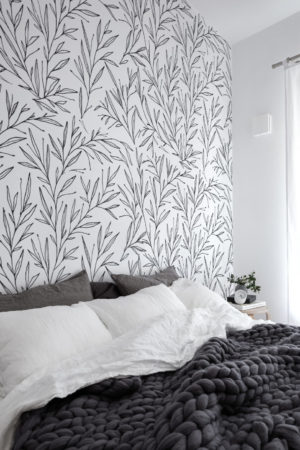 Wallpaper N06 olive branches minimalist black and white bedroom