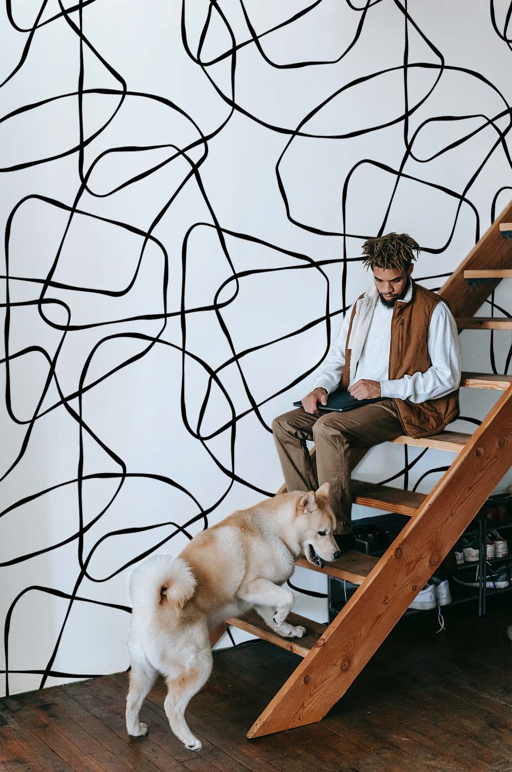 Wallpaper N23 Drawing Modern Lines Black And White Staircase Living Room