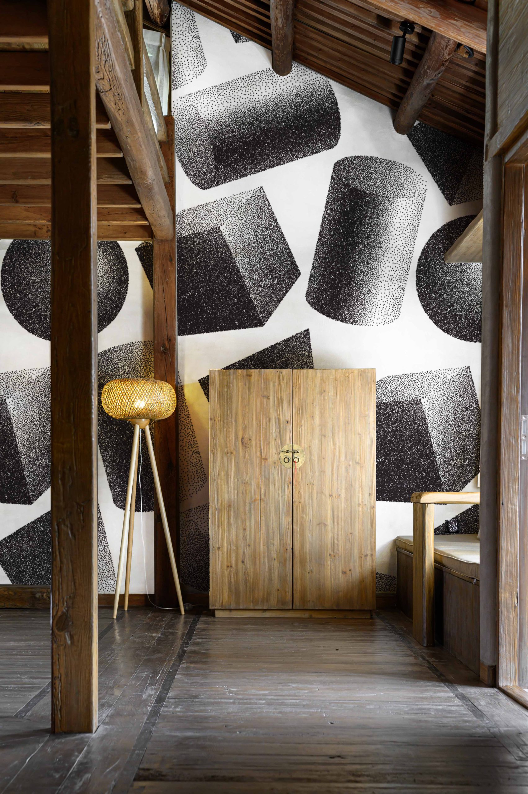 Living room black & white graphic volume wallpaper