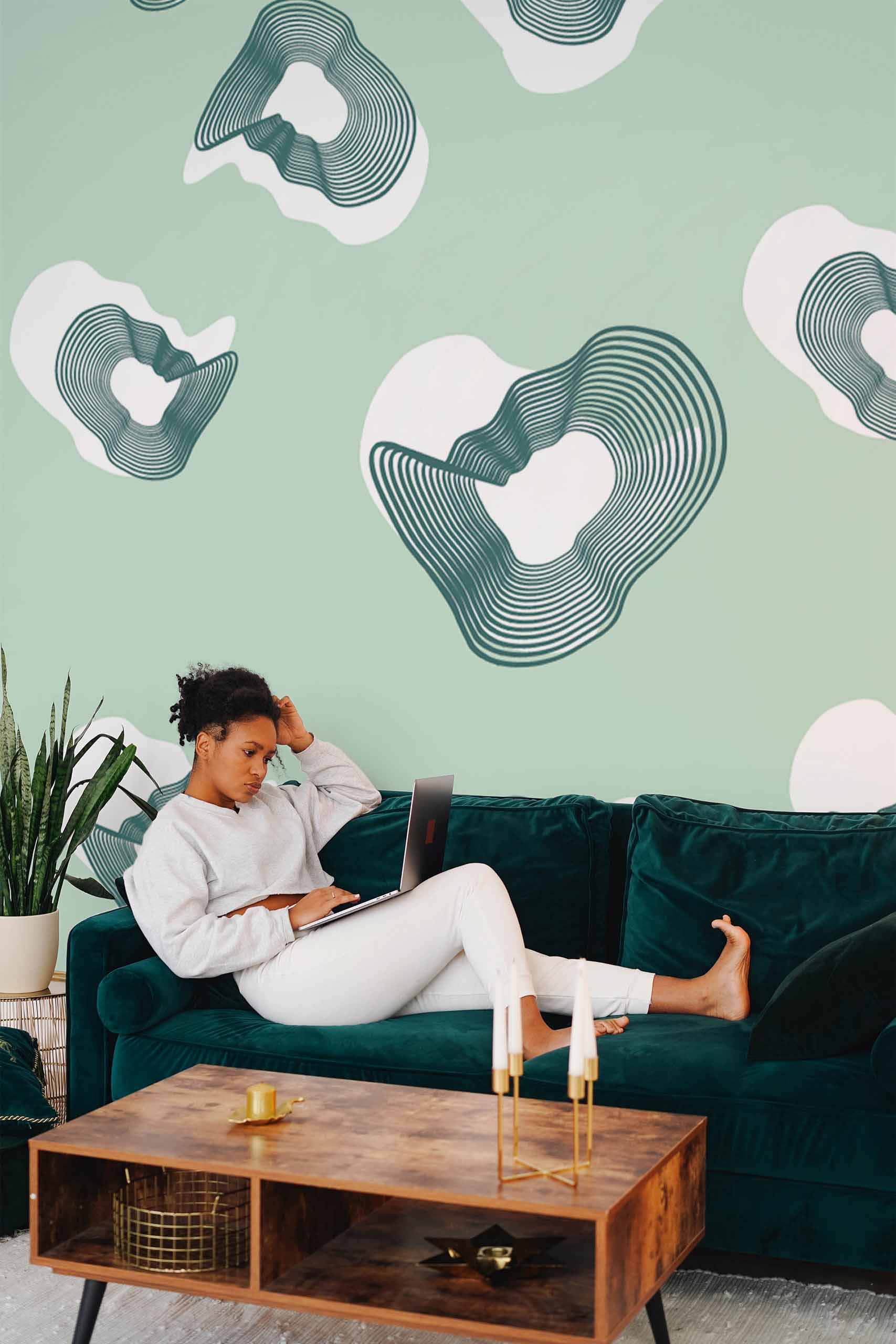 Papier peint n29 formes geometriques rondes vert d'eau salon