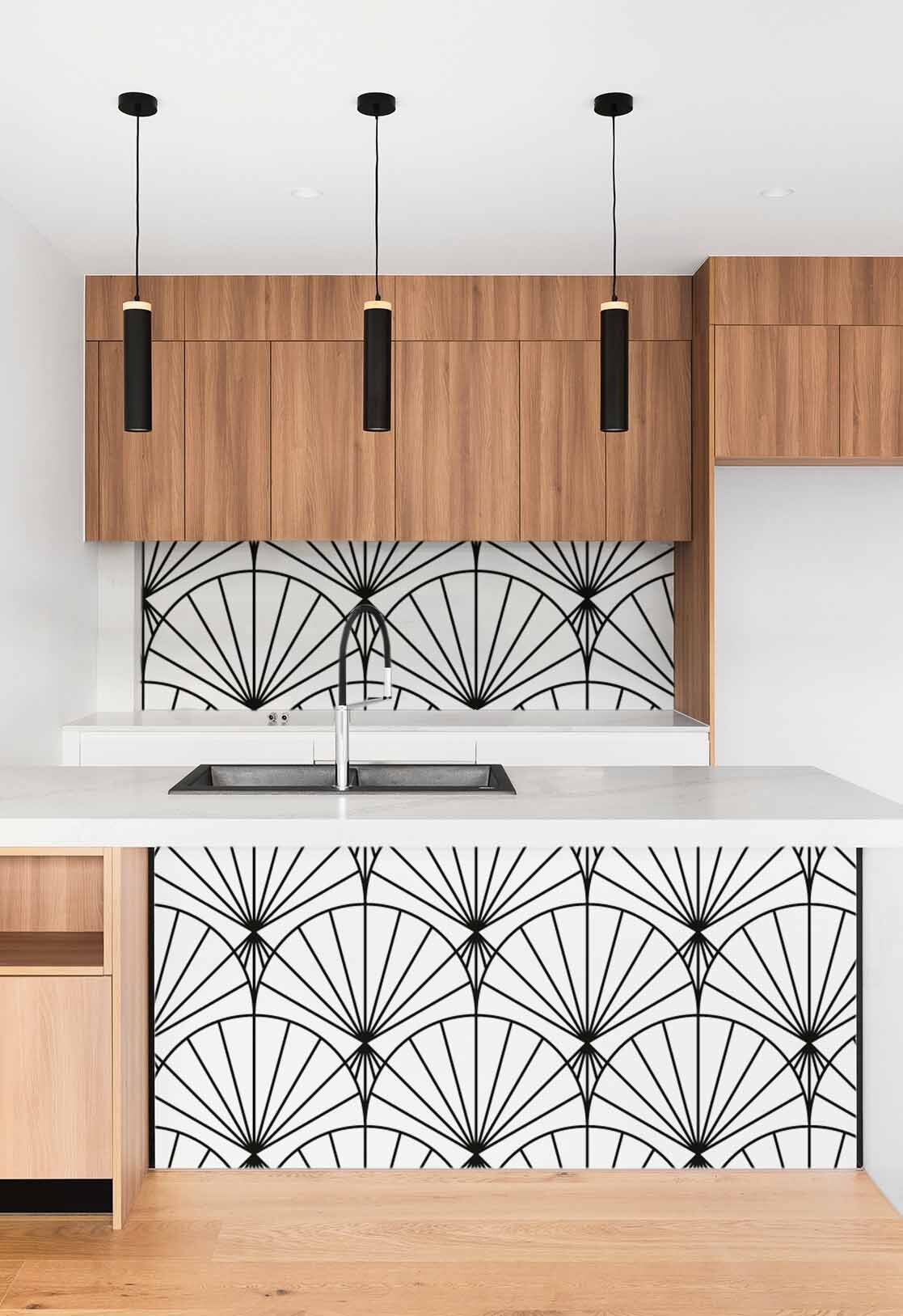 N94 cuisine noir et blanc eventails japonais moderne