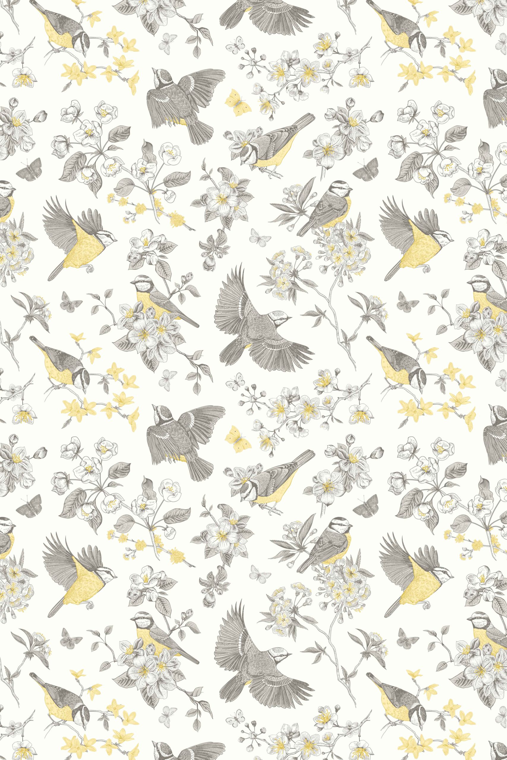 Wallpaper N50 Yellow Grey Vegetable Birds Vintage Retro Wallpaper N50 Yellow Grey Vegetable Birds Vintage Retro
