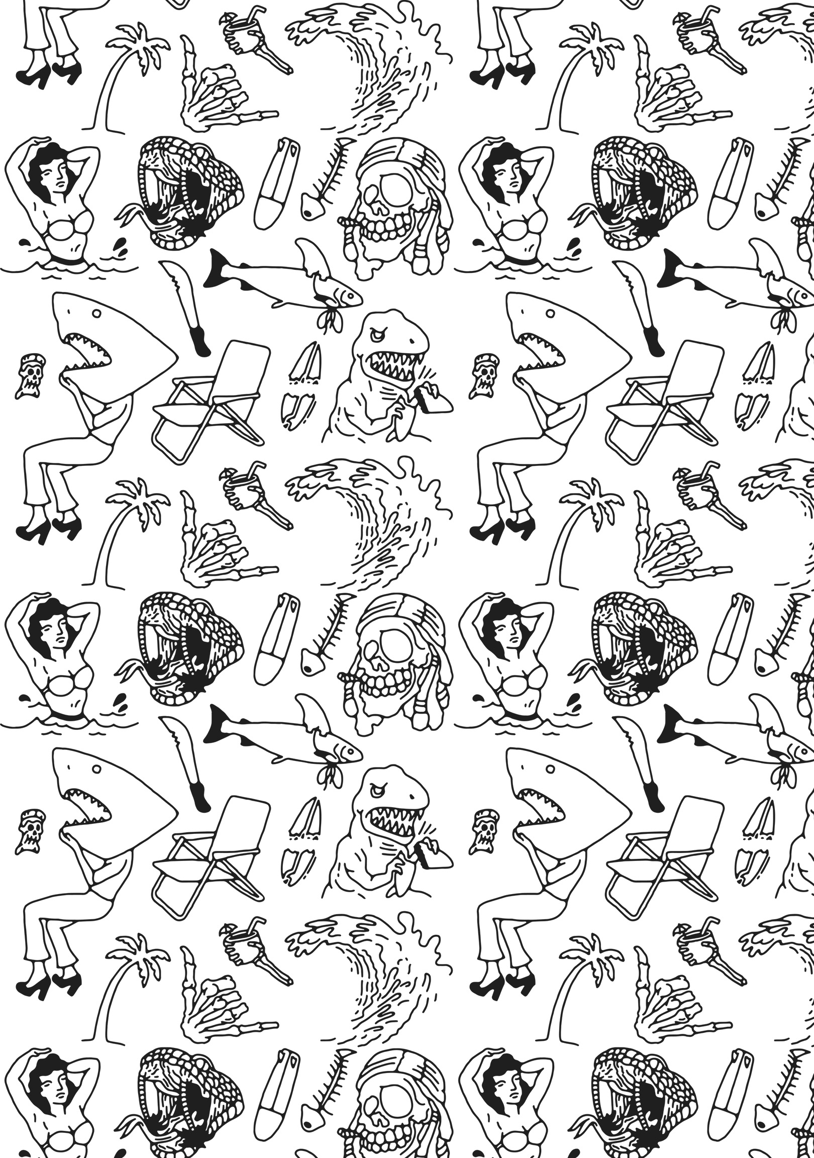 N88 Flash Tattoo Black And White Surf Fun Pattern Wallpaper
