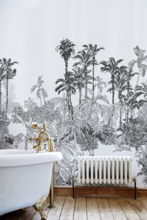 N90 Panoramic Tropical Black and White Bathroom Wallpaper