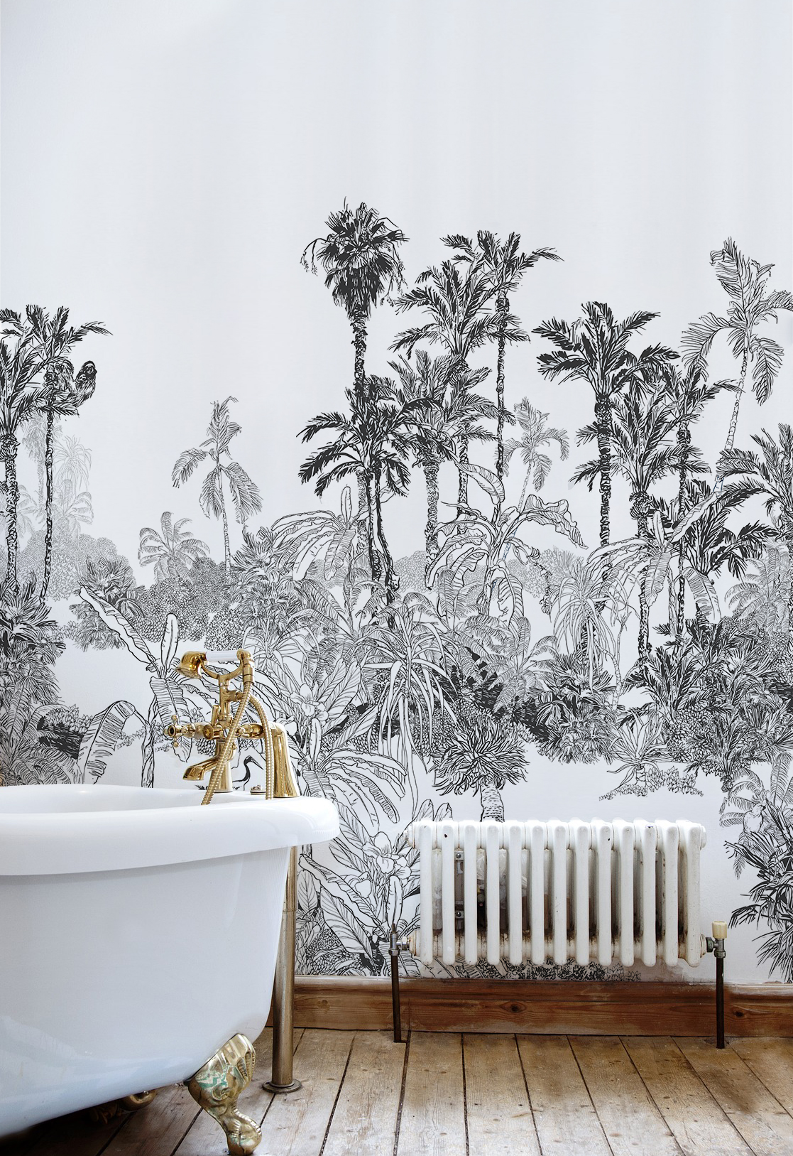 N90 Panoramic Tropical Black and White Bathroom Wallpaper