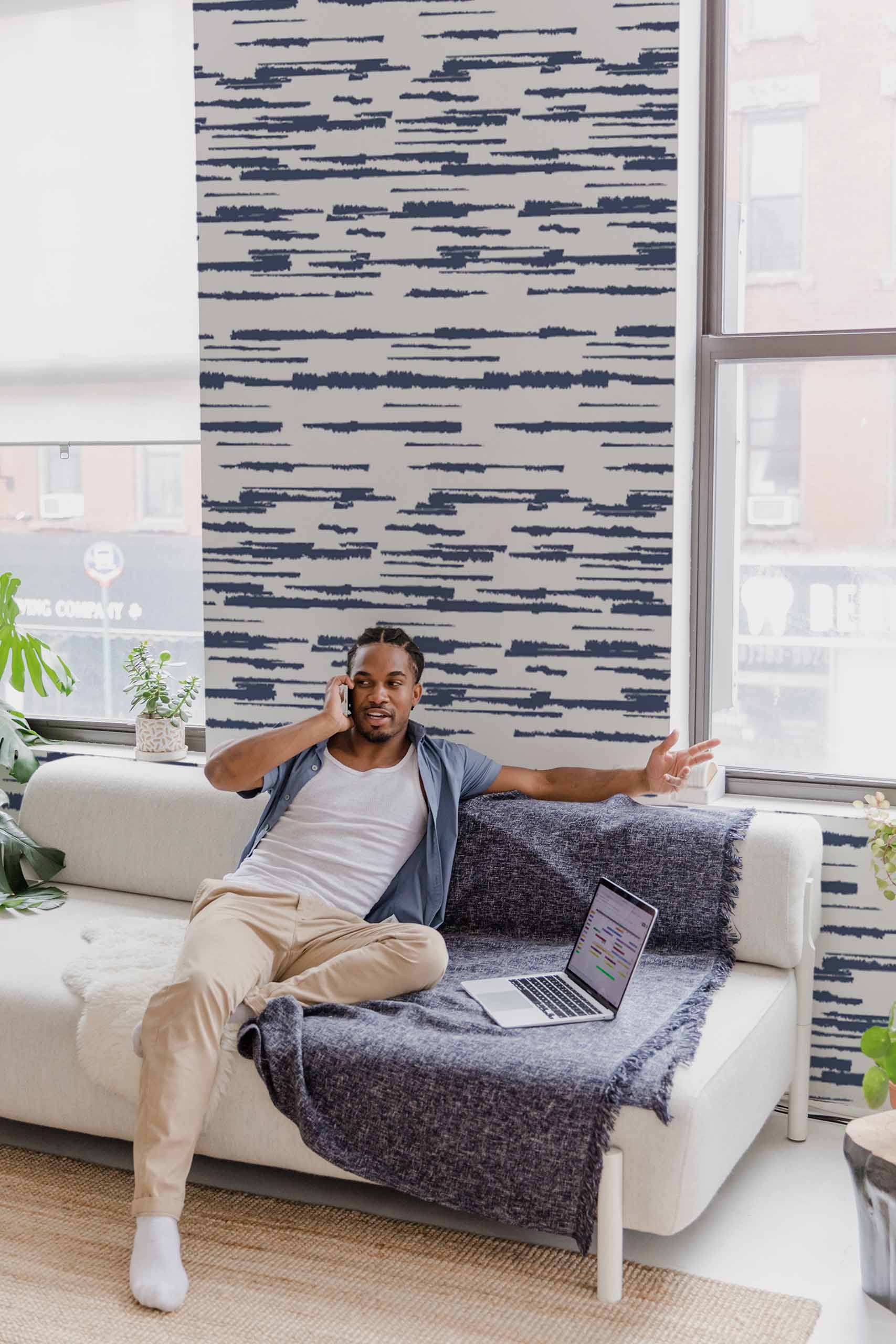 papier peint n°80 ondes graphiques bleu salon