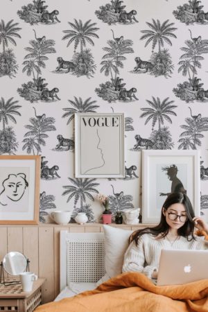 Wallpaper N108 Toile de Jouy Tiger Vegetation Black and White Bedroom