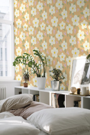 Papier peint N126 champs de fleurs sur fond orange chambre