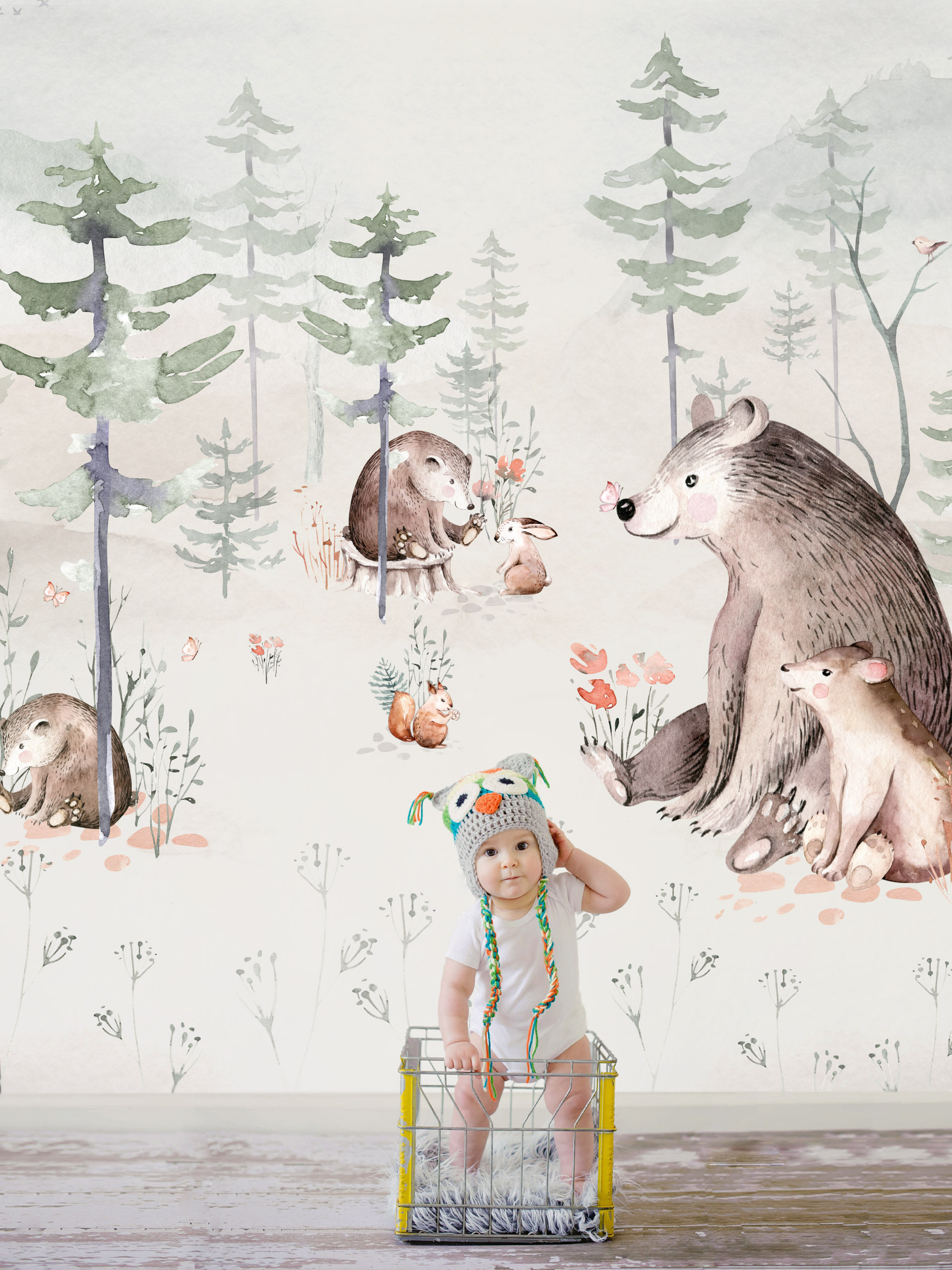 N162-2 Bear Family Wallpaper, Forest, Watercolor