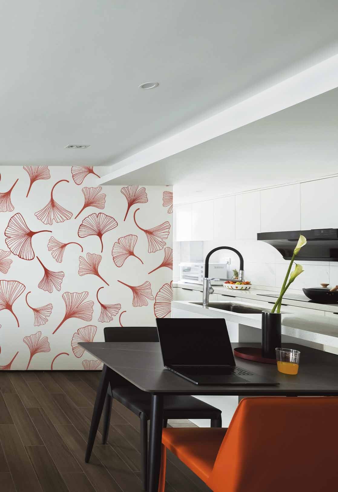 Wallpaper N178 Leaves Gingko Terracotta White Background Kitchen
