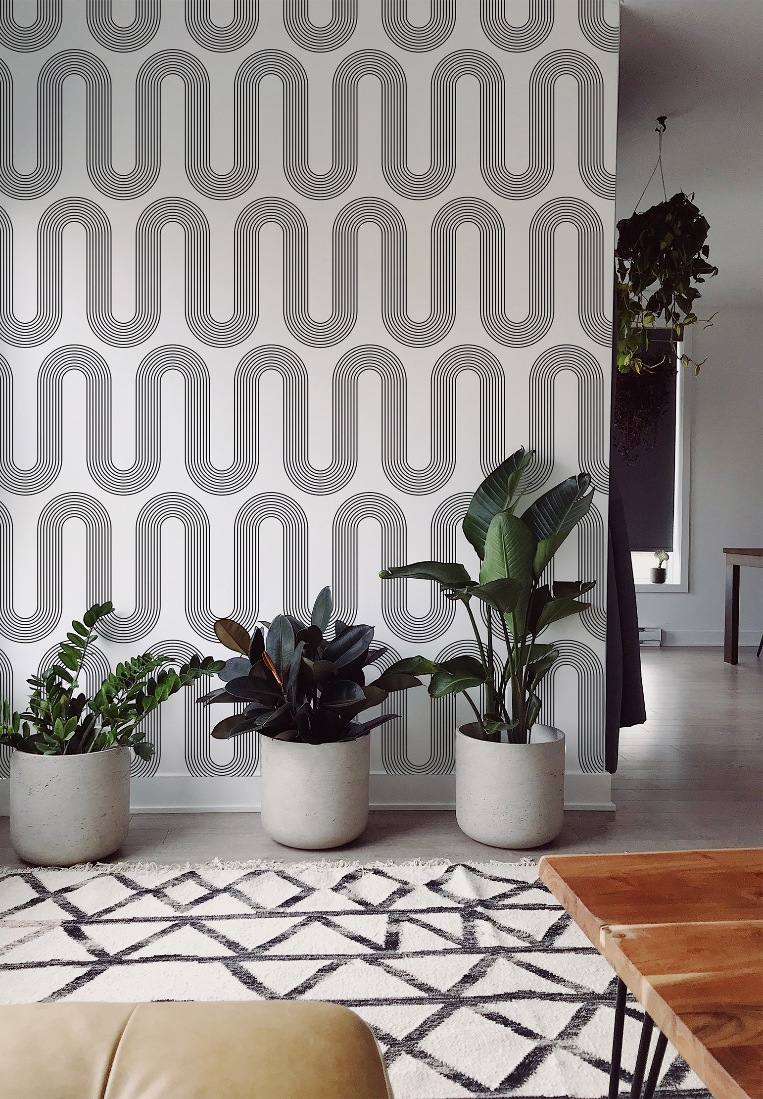papier peint lignes courbes en noir et blanc