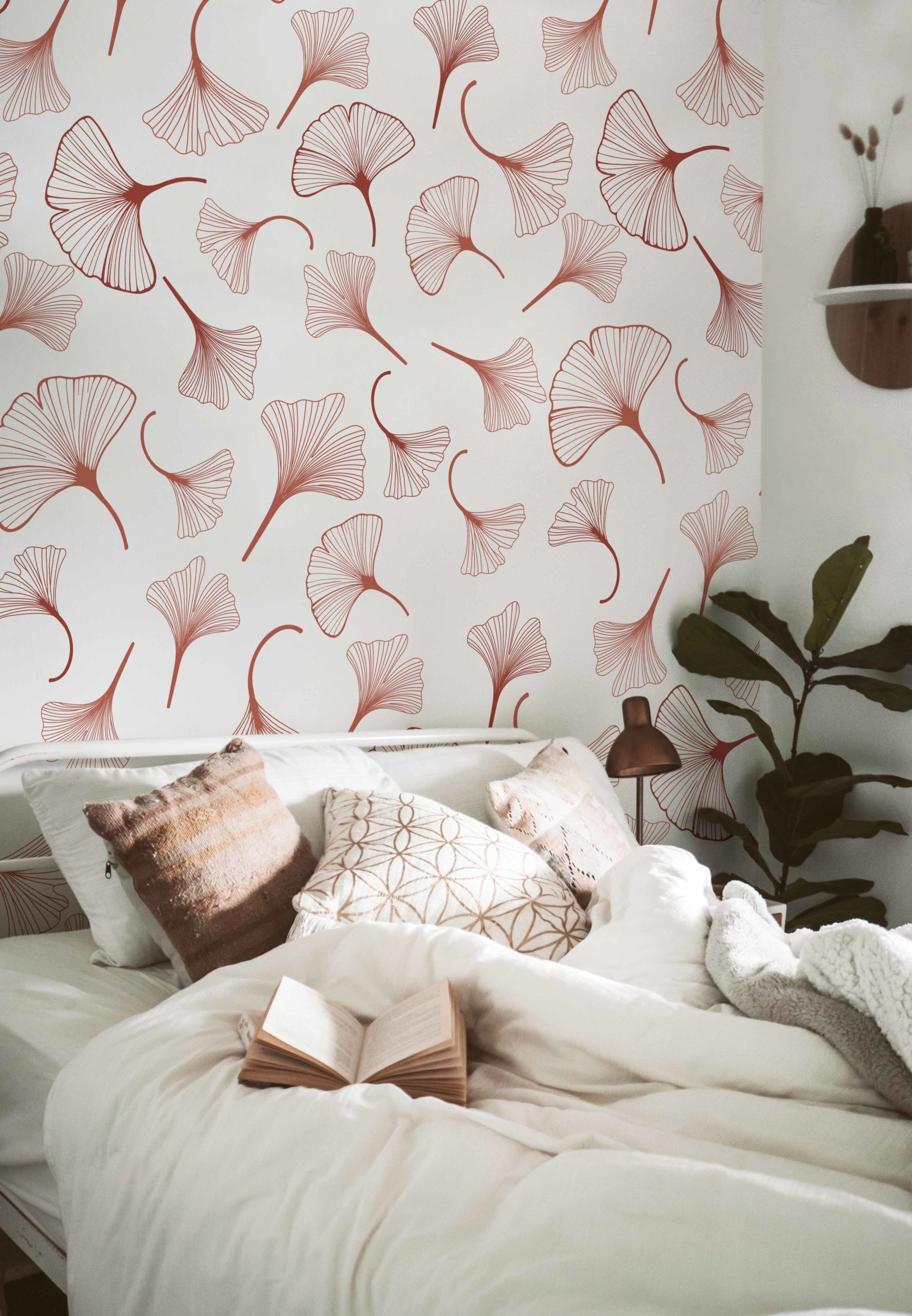 Wallpaper N178 Leaves Gingko Terracotta White Background Bedroom