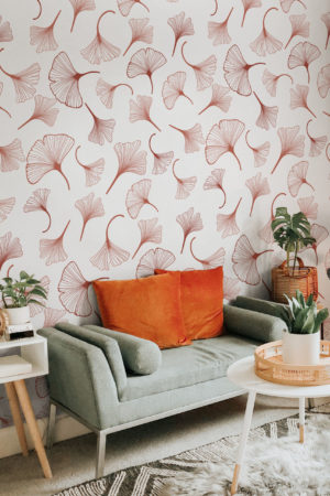 Wallpaper N178 Leaves Gingko Terracotta White Background Living Room