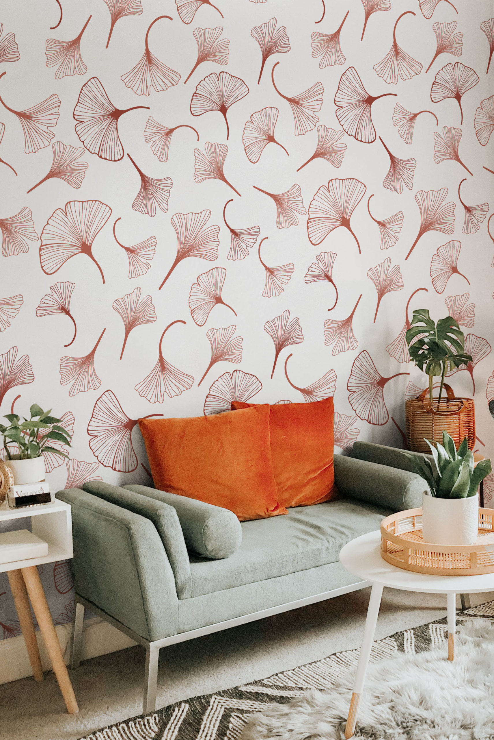 Wallpaper N178 Leaves Gingko Terracotta White Background Living Room