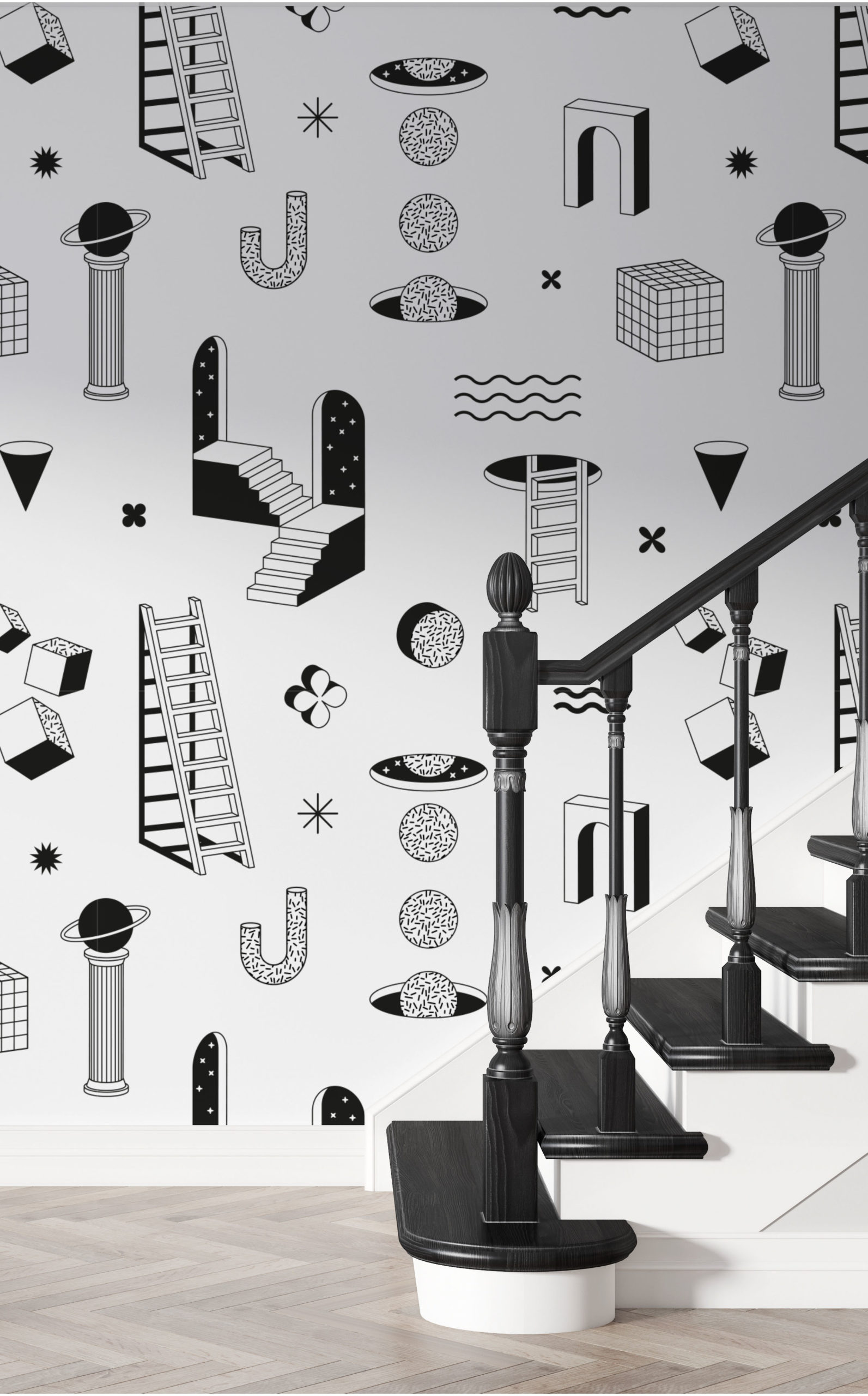 Papier peint N179 espace multivers noir et blanc entree