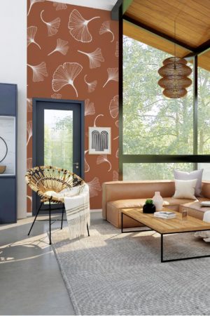 wallpaper n181 Ginkgo on terracotta living room background