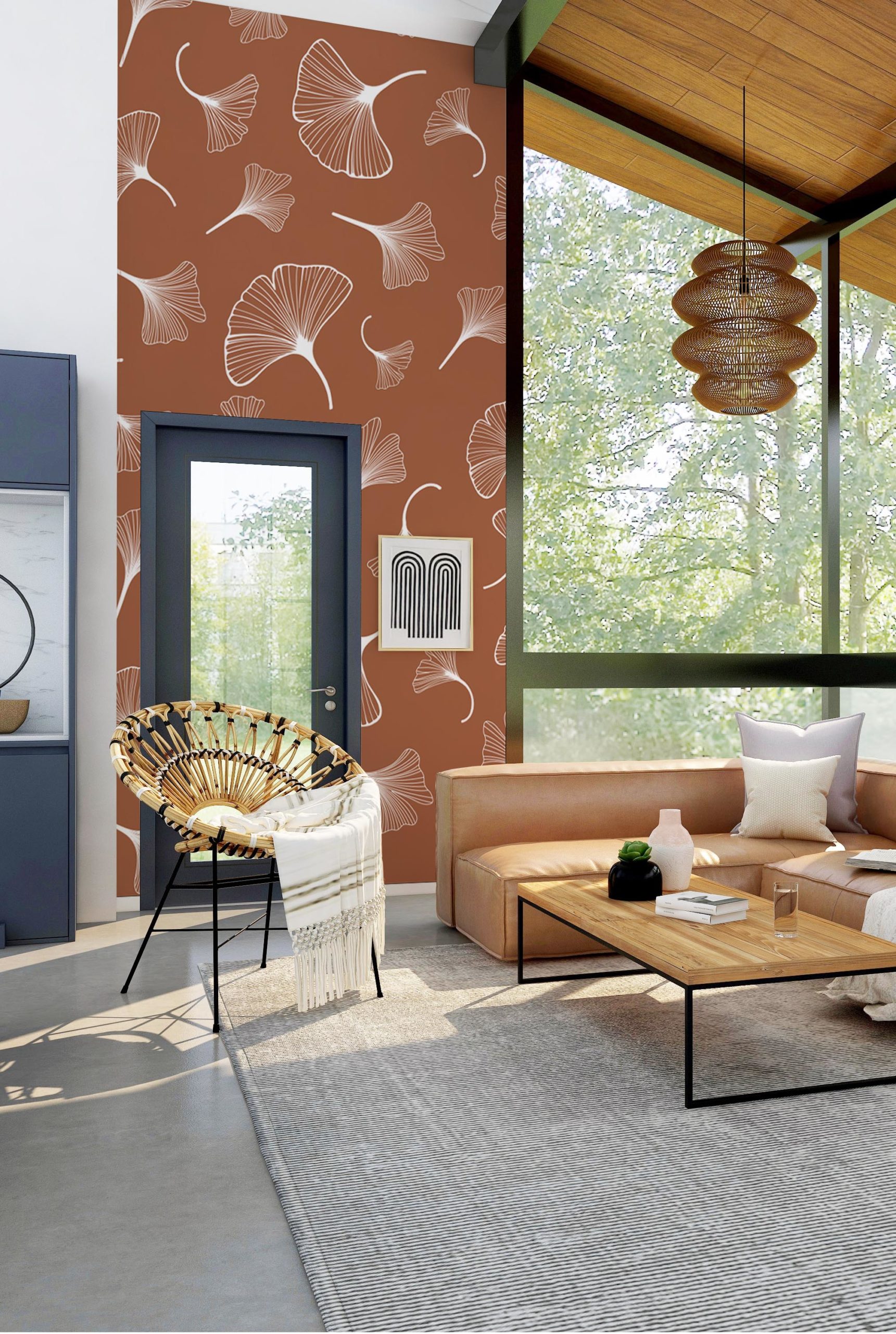 wallpaper n181 Ginkgo on terracotta living room background wallpaper n181 Ginkgo on terracotta living room background