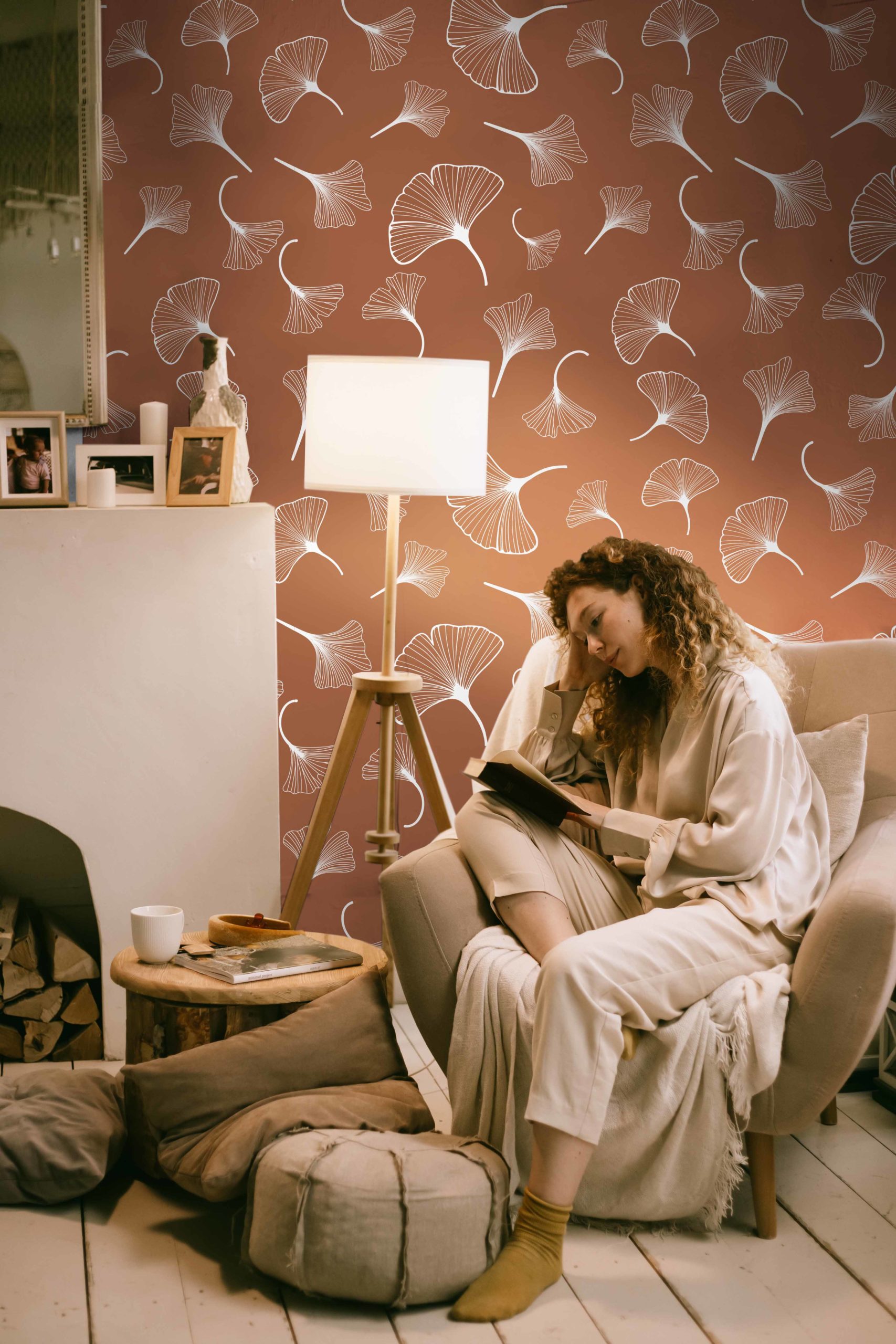wallpaper n181 Ginkgo on terracotta background cosy living room wallpaper n181Ginkgo on terracotta background cosy living room