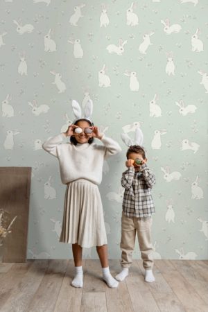 Meadow, flowers and rabbits wallpaper