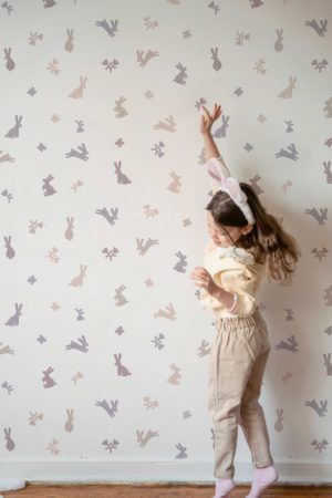 Bunnies, butterflies and tulips wallpaper