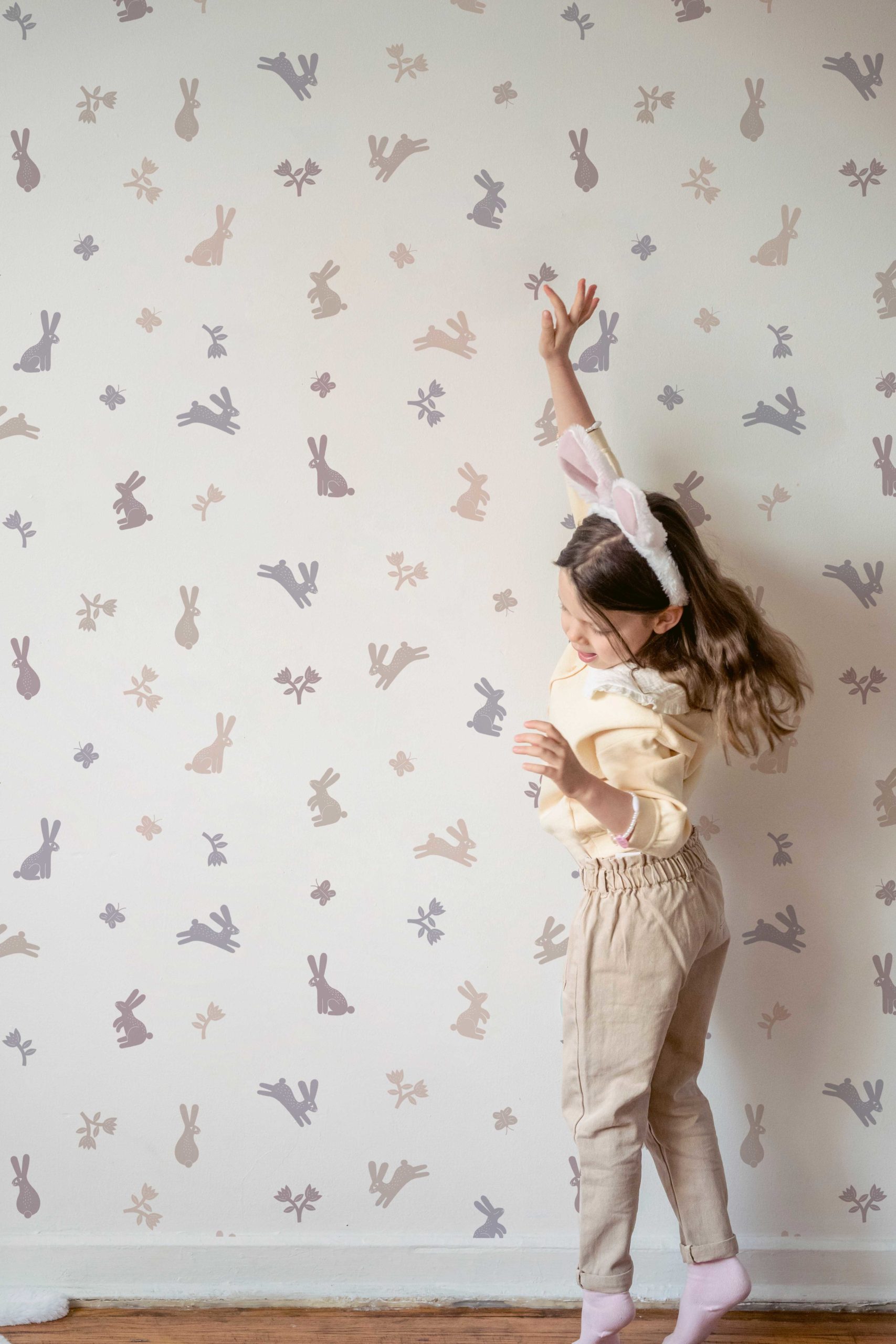 Bunnies, butterflies and tulips wallpaper