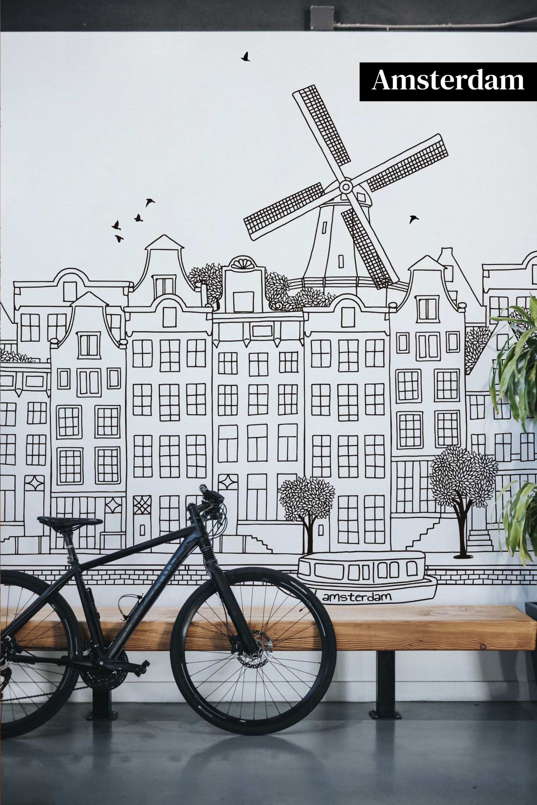 Amsterdam city wallpaper in black and white