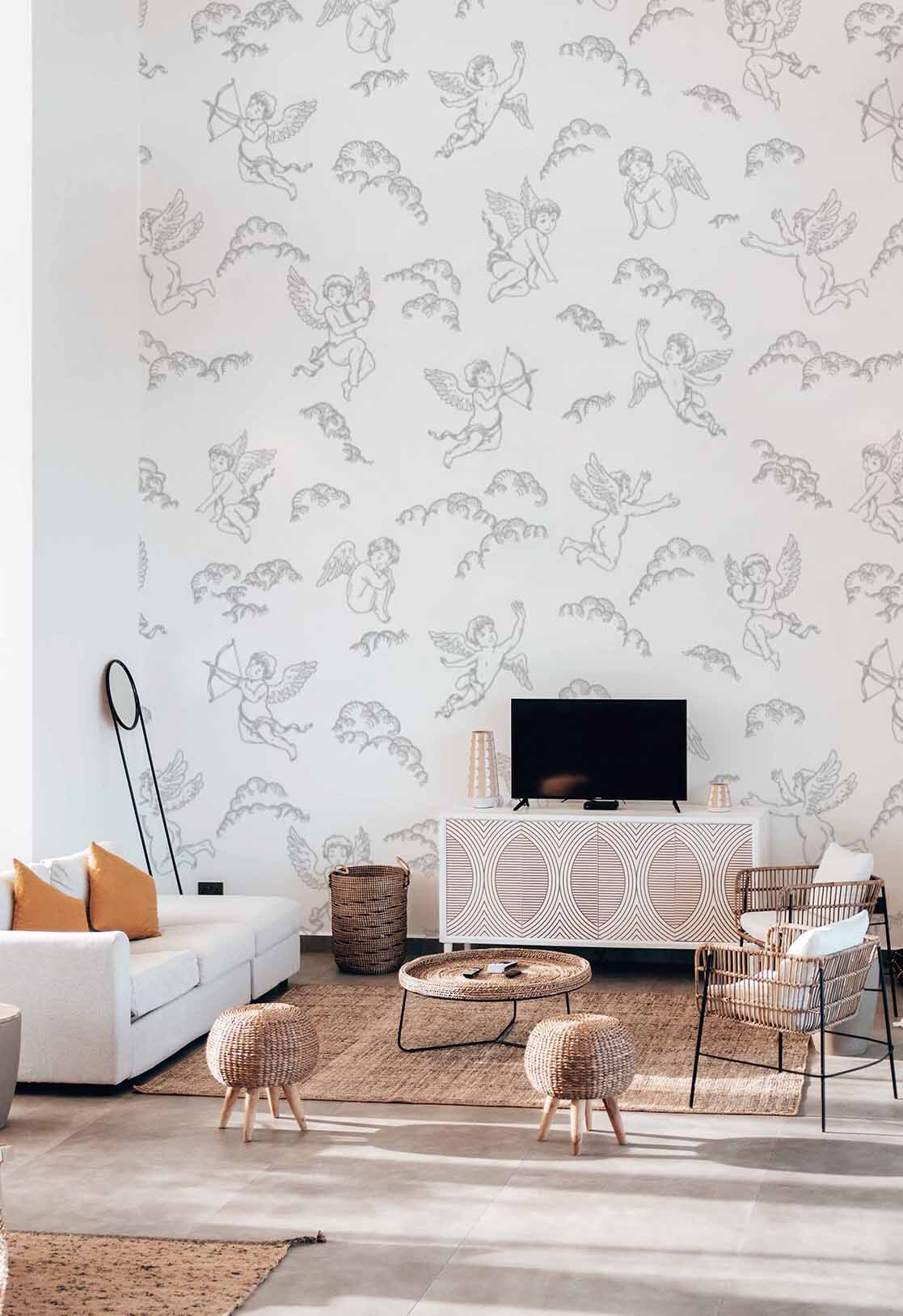 Wallpaper n250 Cupid white and living room grey