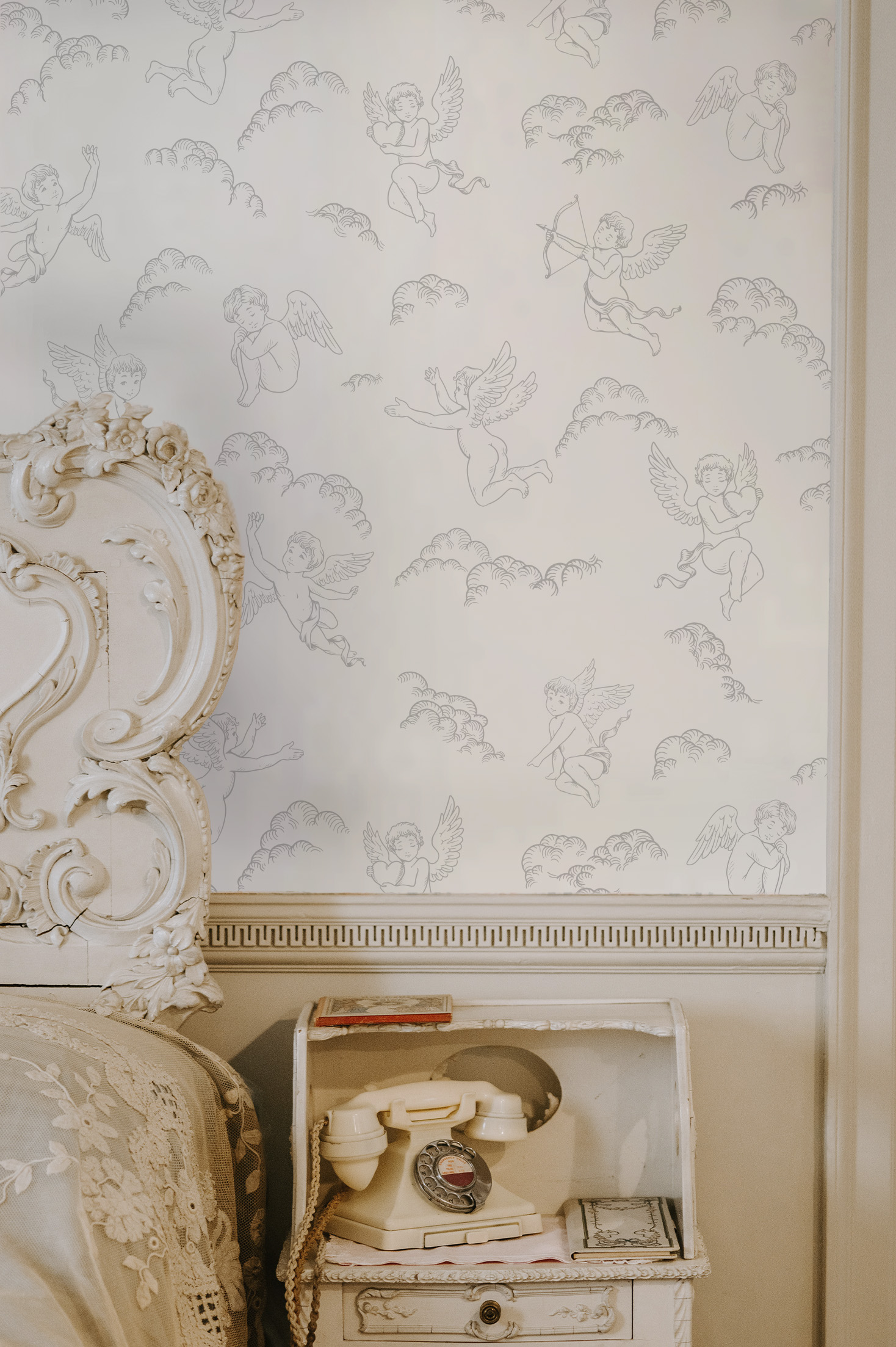 White and grey Cupid bedroom wallpaper n250