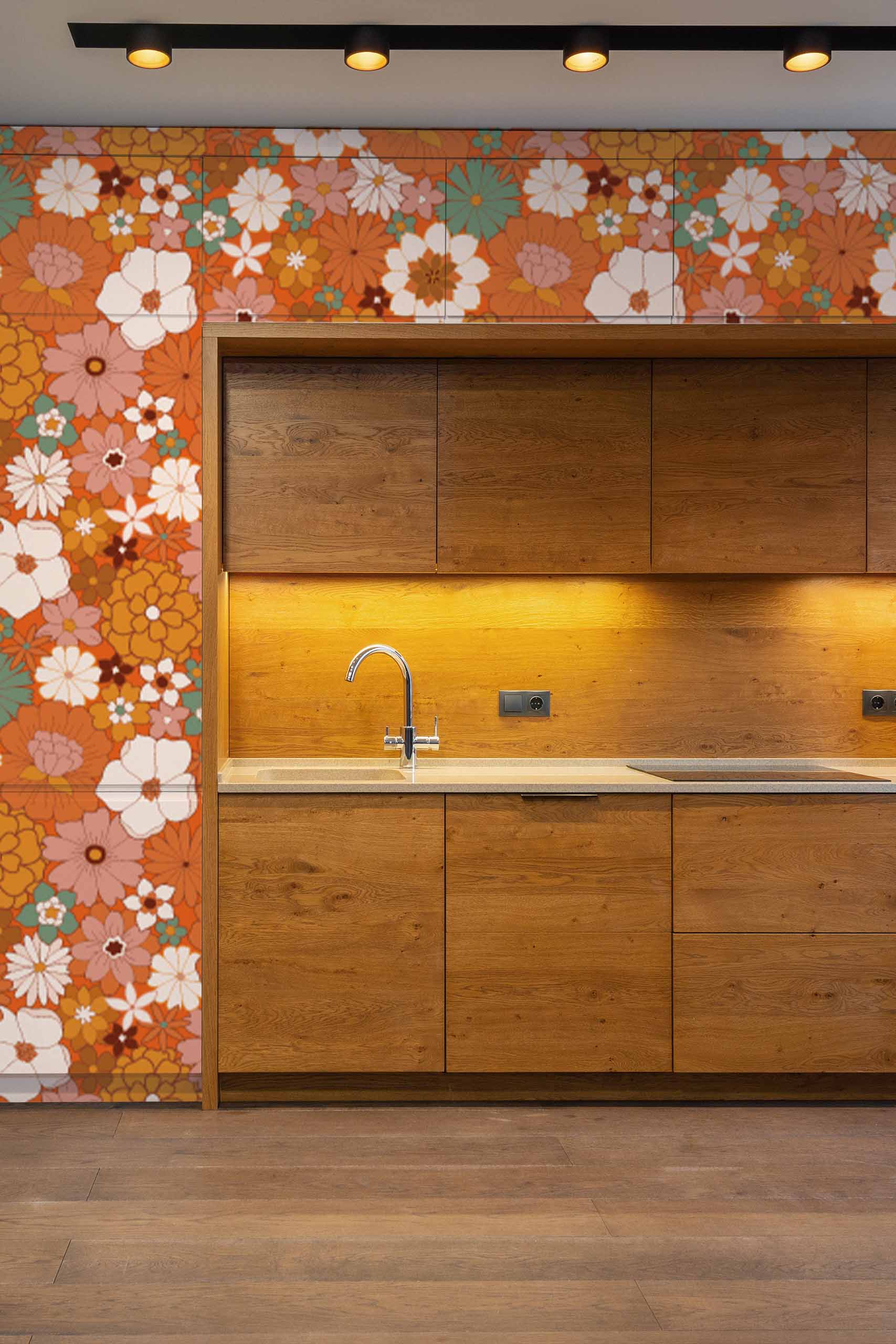 n277 papier peint fleurs rétro orange cuisine