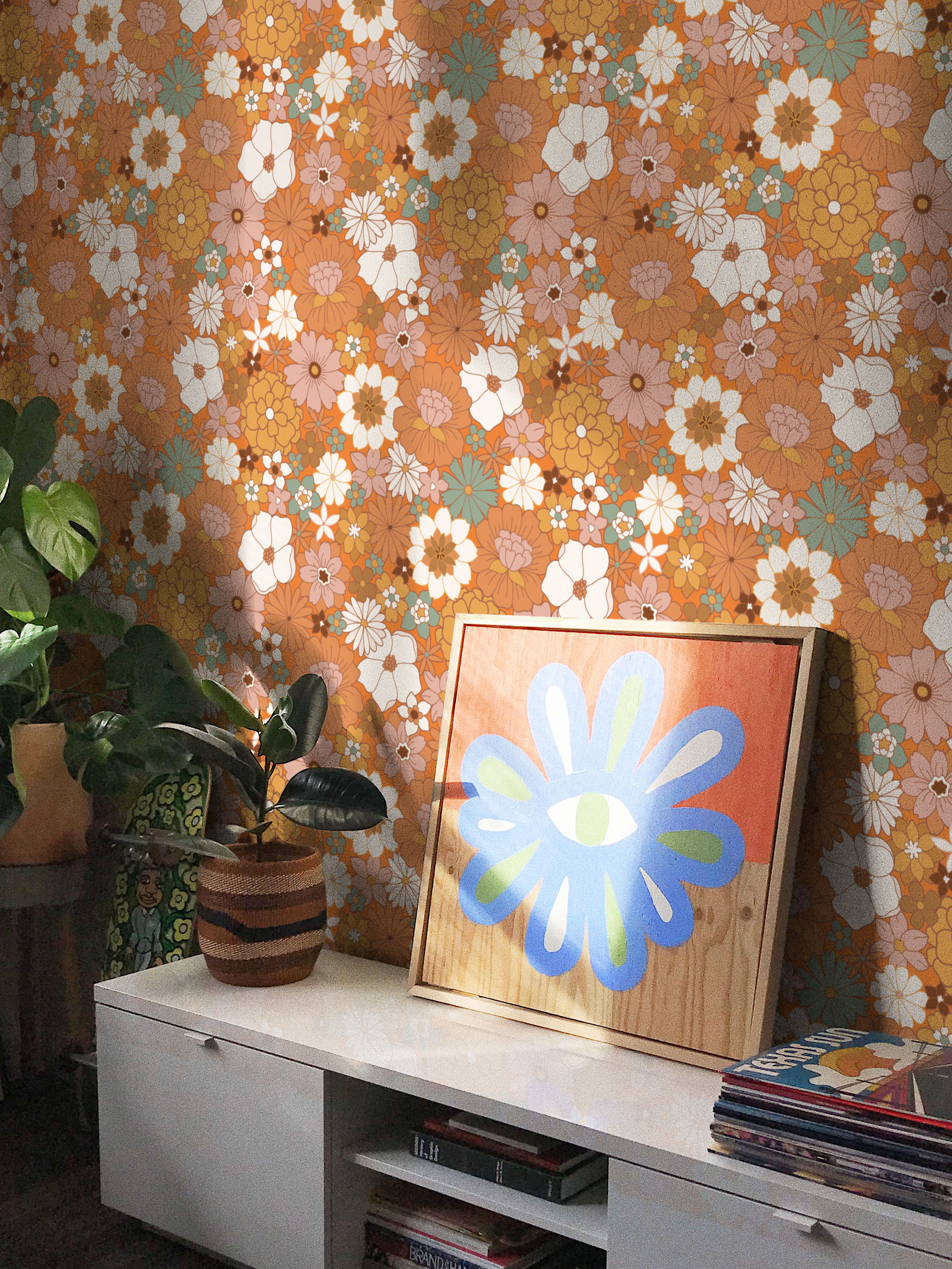 N277 Orange Bedroom Retro Flowers Wallpaper N277 Orange Bedroom Retro Flowers Wallpaper