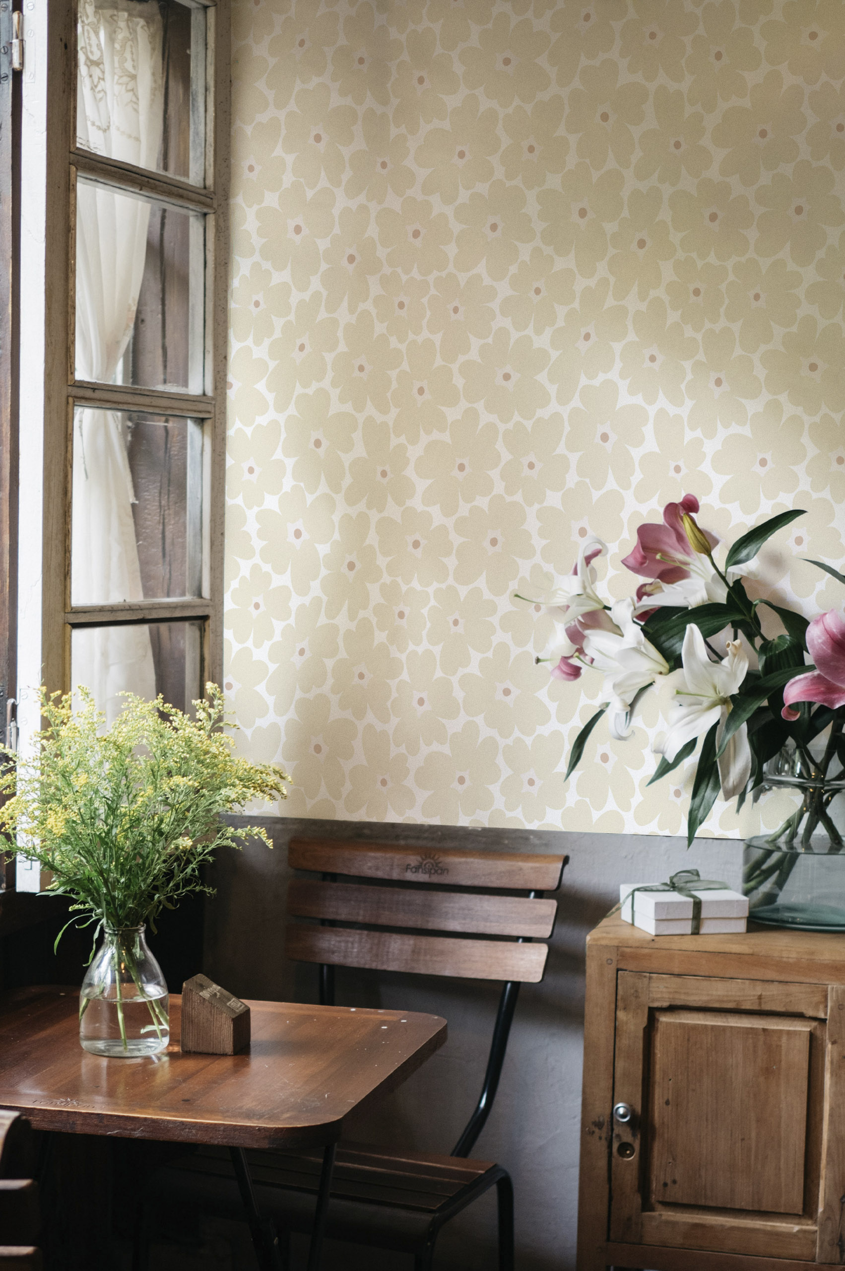 N302 Colorful Vintage Flowers Beige White Background Wallpaper Public Spaces