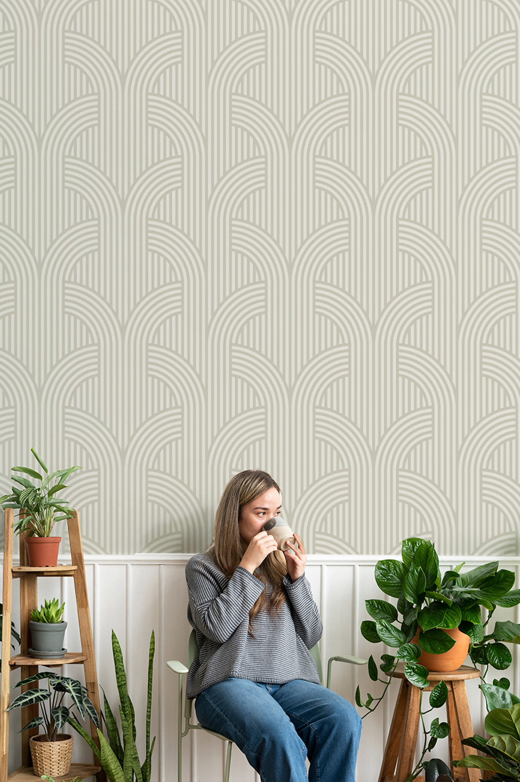 papier peint n315 art déco lignes arrondies vert salon