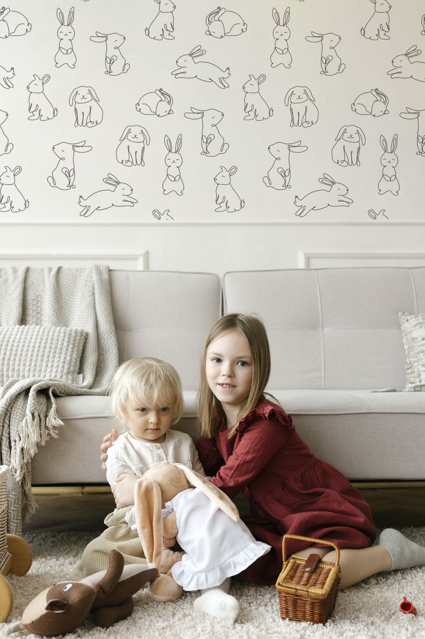 papier peint n317 petits lapins minimalistes noir et blanc salon