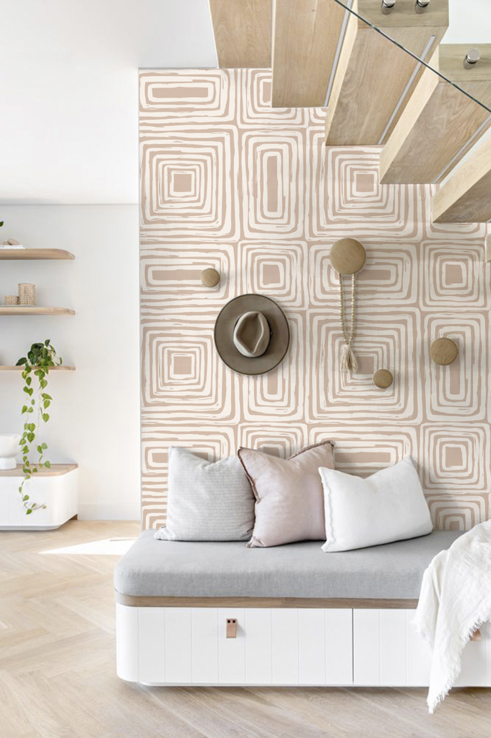 papier peint n319 géométrique carré zen beige salon