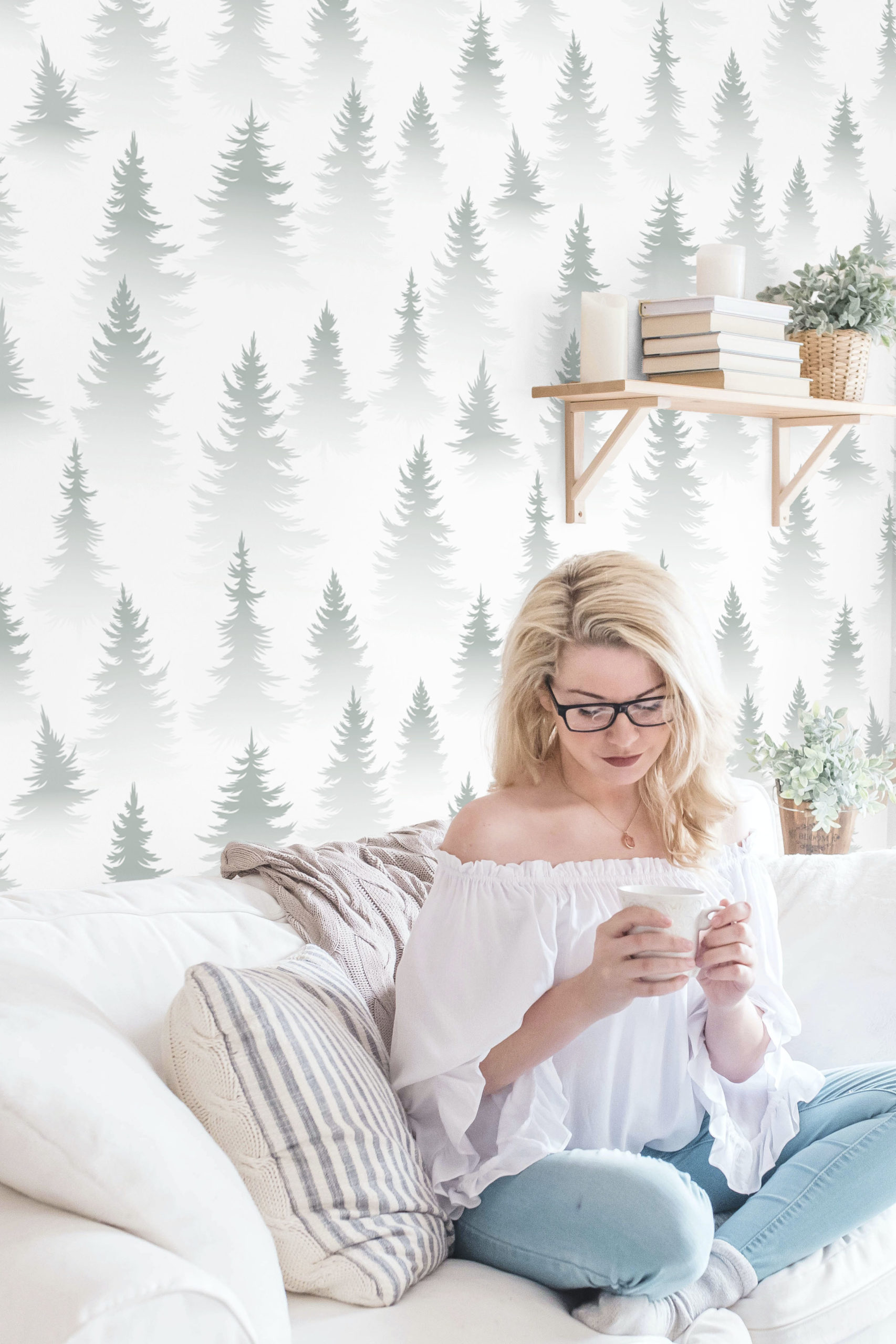 papier peint n325 sapins dans la brume salon