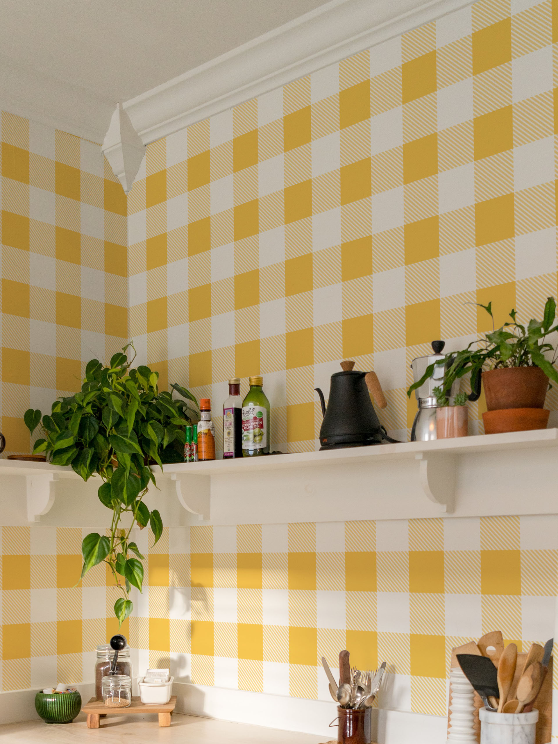N327 Yellow gingham tile kitchen wallpaper