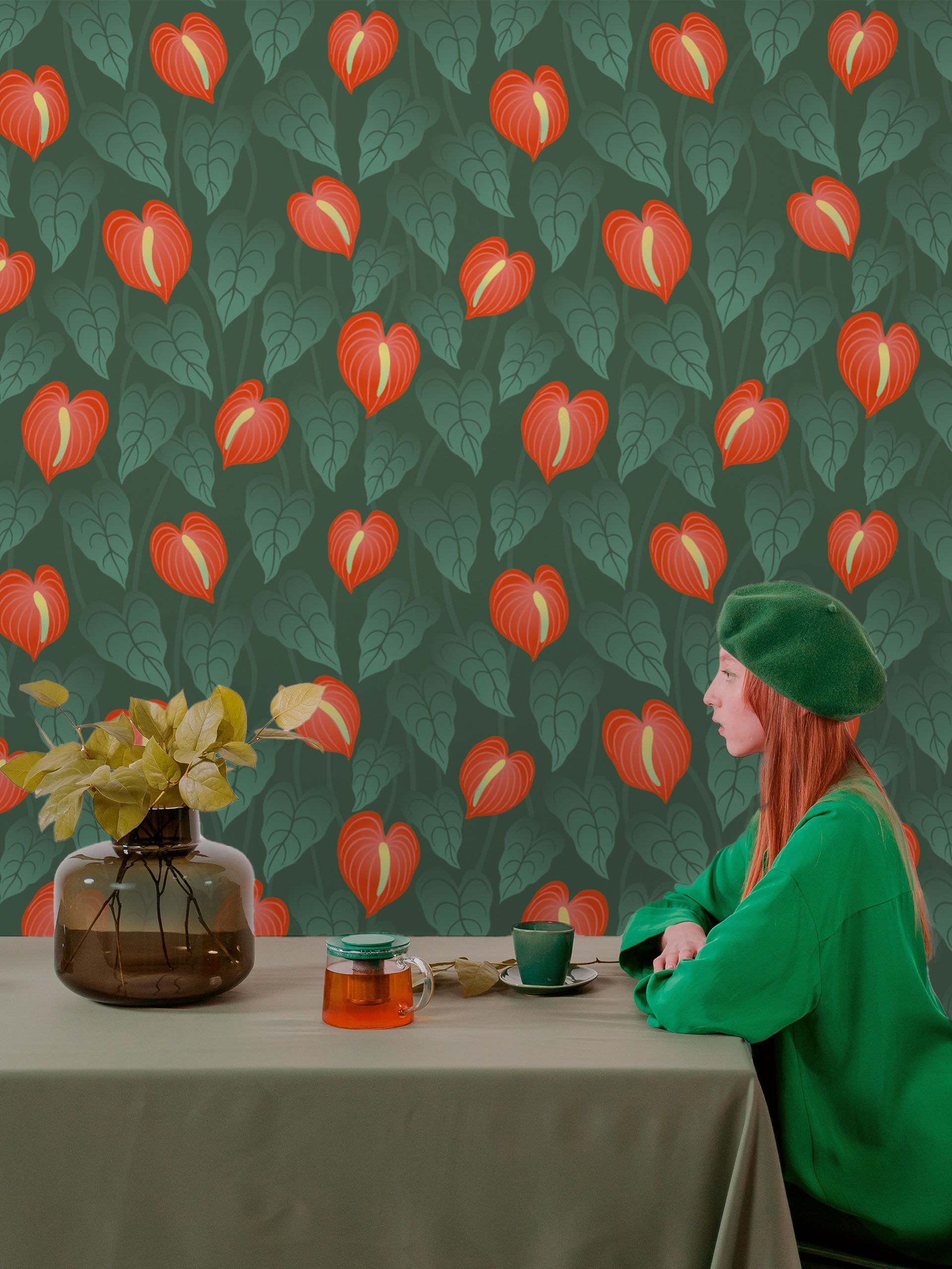 Papel pintado N333 lenguas de fuego verde y rojo espacios públicos