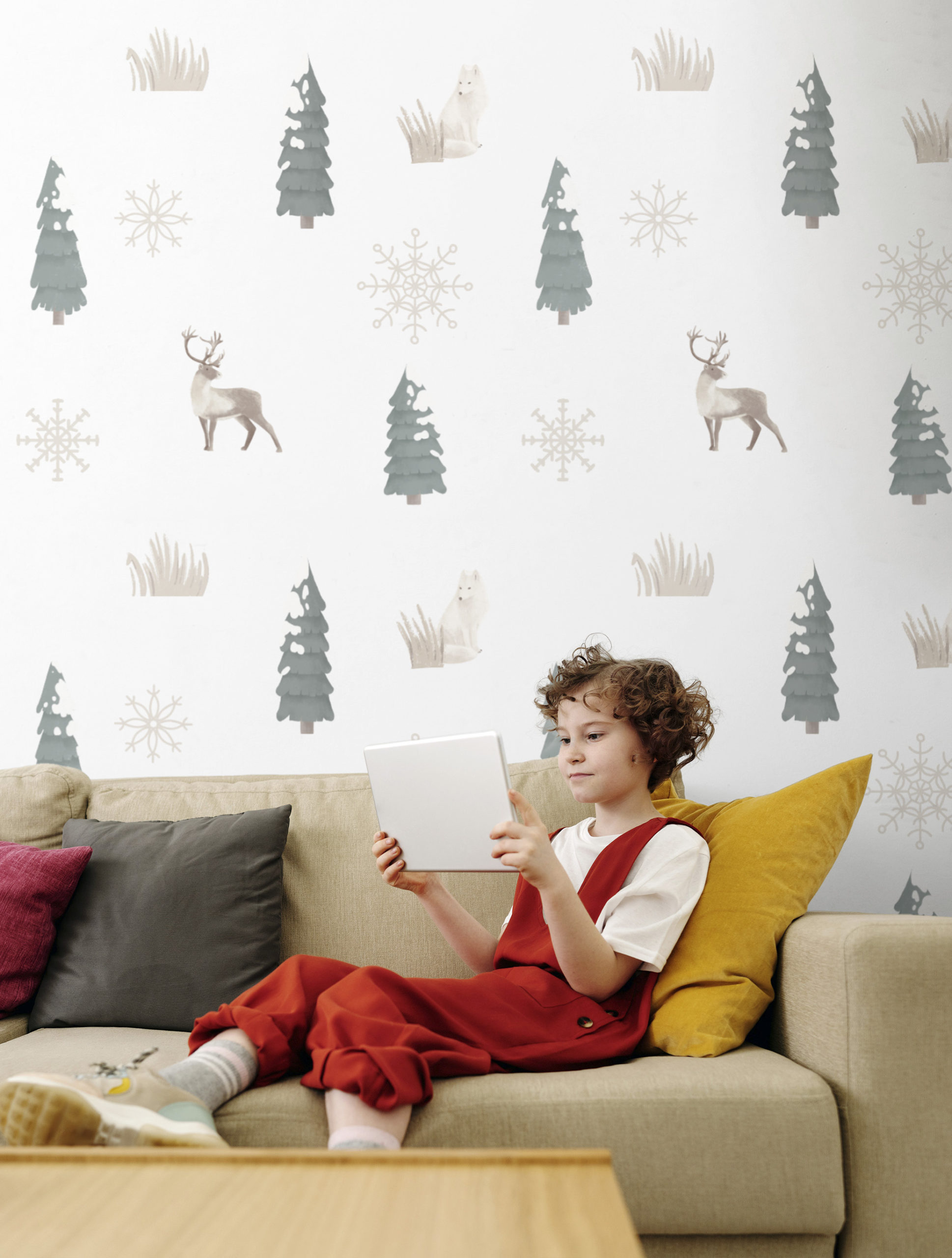 papier peint enfant n331 cerfs et flocons de neige salon