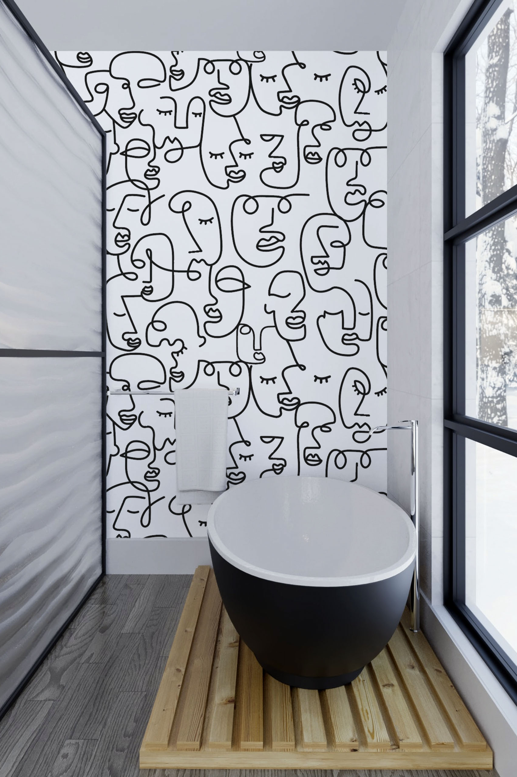 N347-noir salle de bain Papier peint abstrait noir et blanc