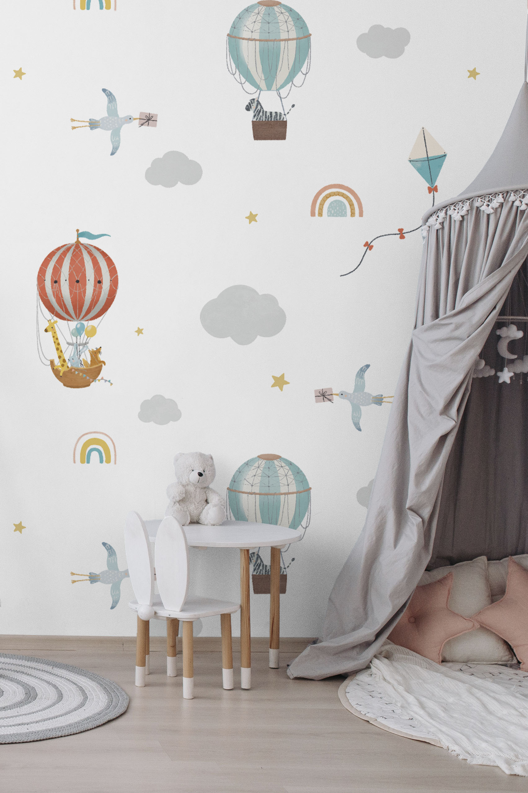 N341 Hot Air Balloon Trip Animal Nursery Wallpaper
