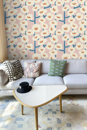 Living room floral wallpaper and color pink summer atmosphere