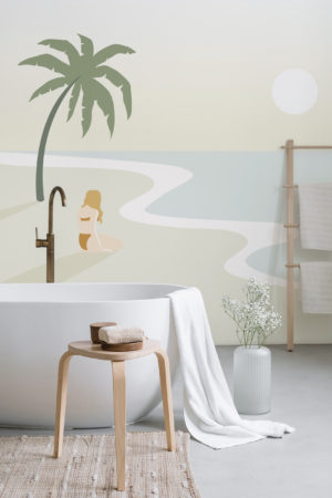 salle de bain beige papier peint panoramique mer plage