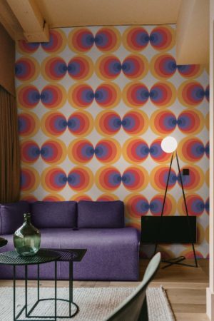 Living room retro chic orange purple wallpaper