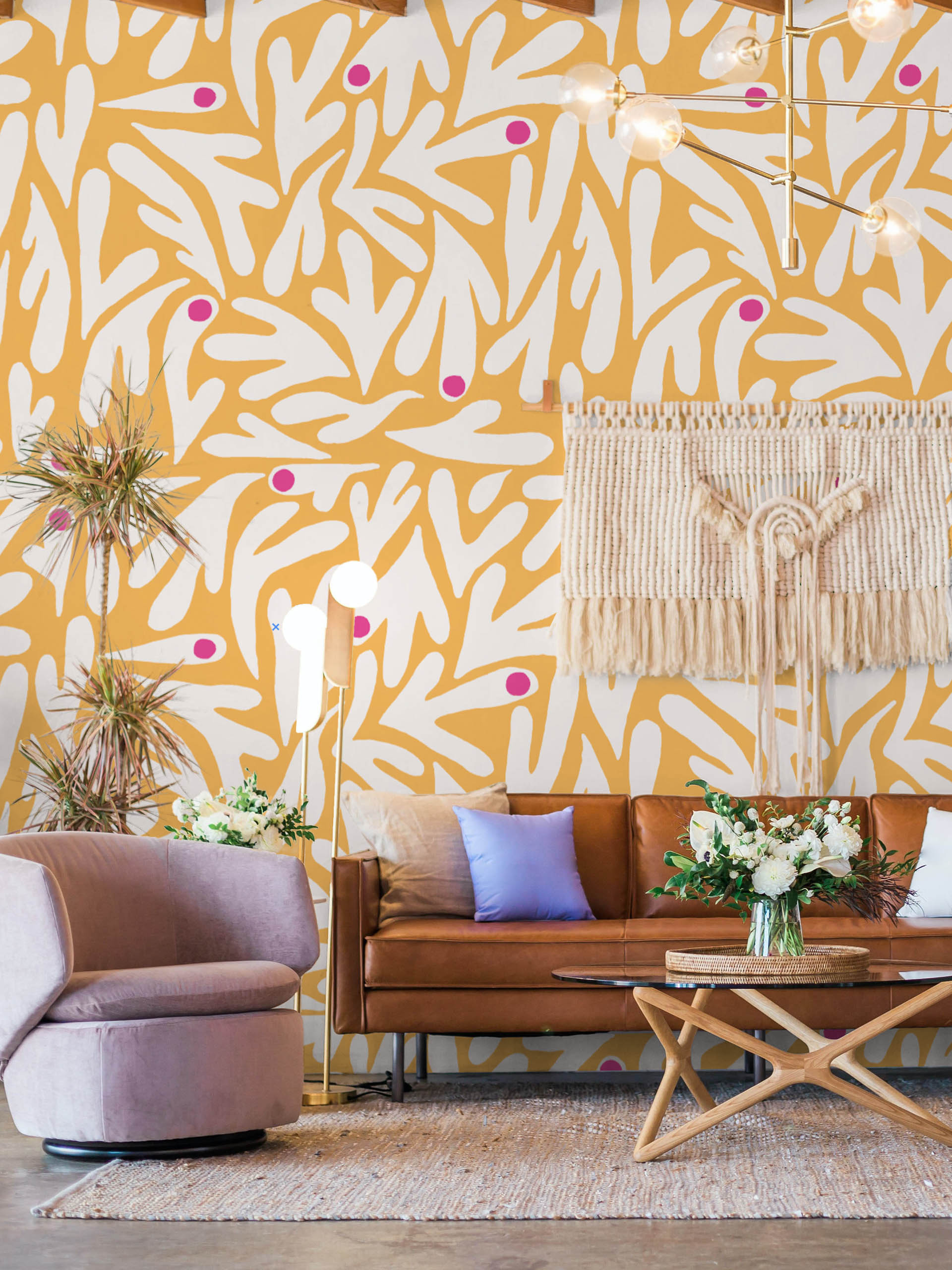 N356-Orange Living Room Living room orange panoramic flower matisse wallpaper