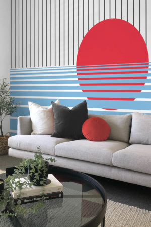 salon bleu papier peint coucher de soleil paysage panoramique futuriste