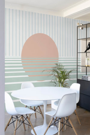 salon vert papier peint coucher de soleil paysage panoramique futuriste