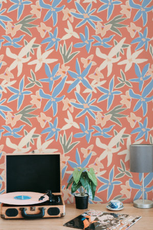 chambre orange papier peint bouquet hyacinthe fleur adhésif luxe